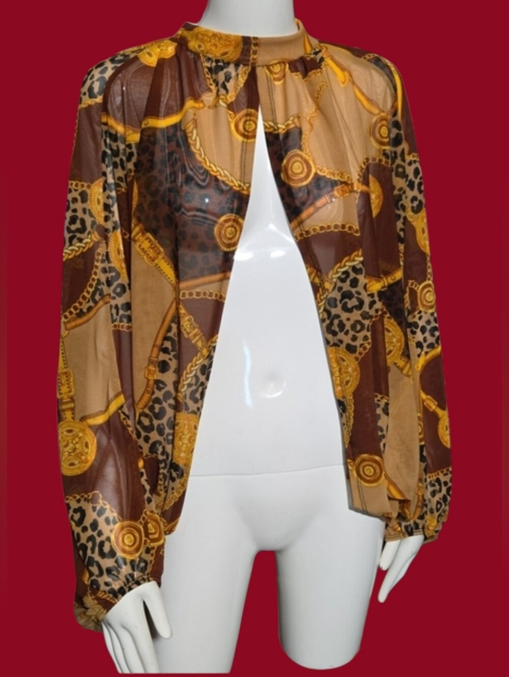 Brown & Gold Chain-Print Long-Sleeve Jacket